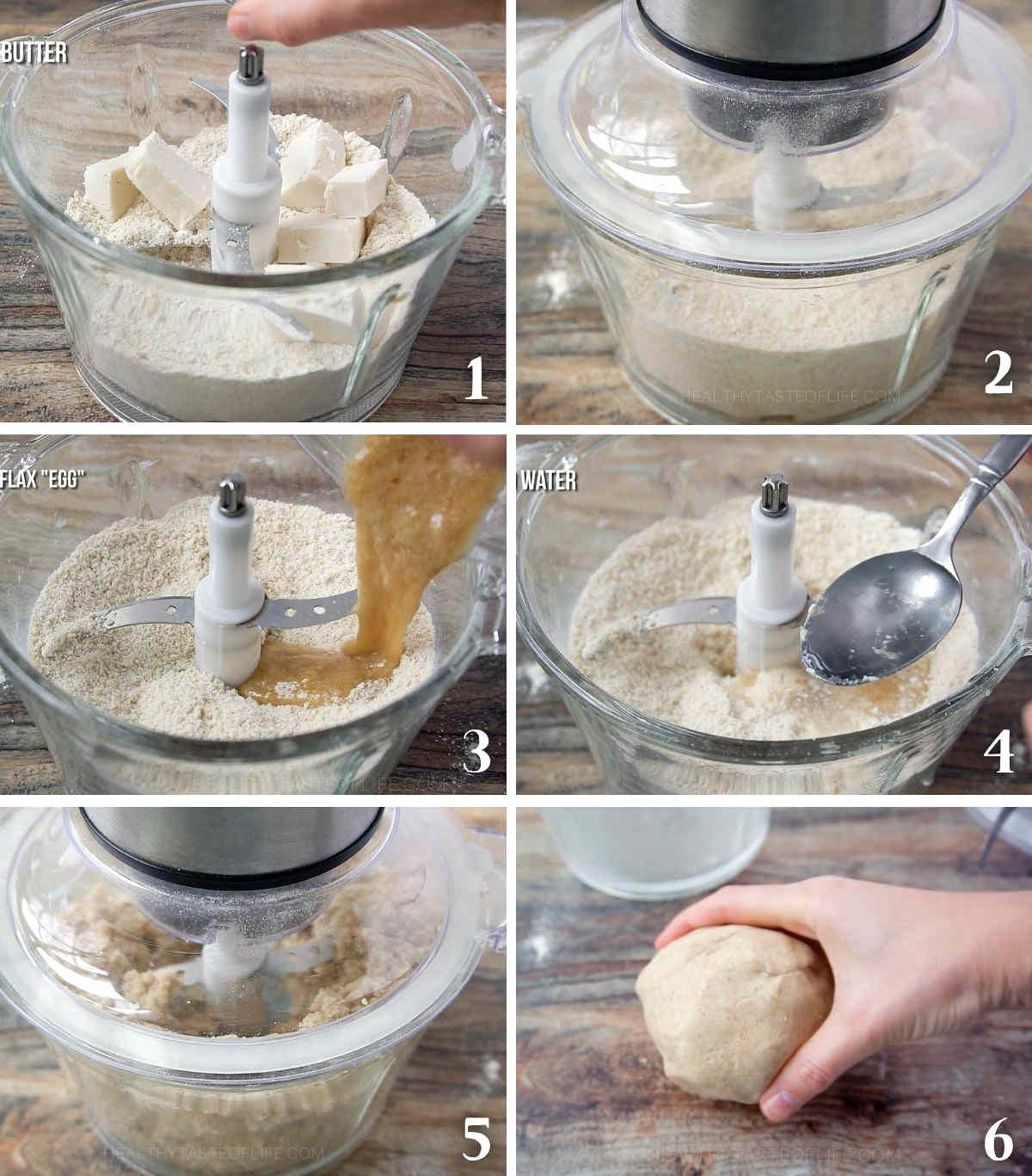 Process shots showing how to make the vegan gluten free pie dough in a food processor.