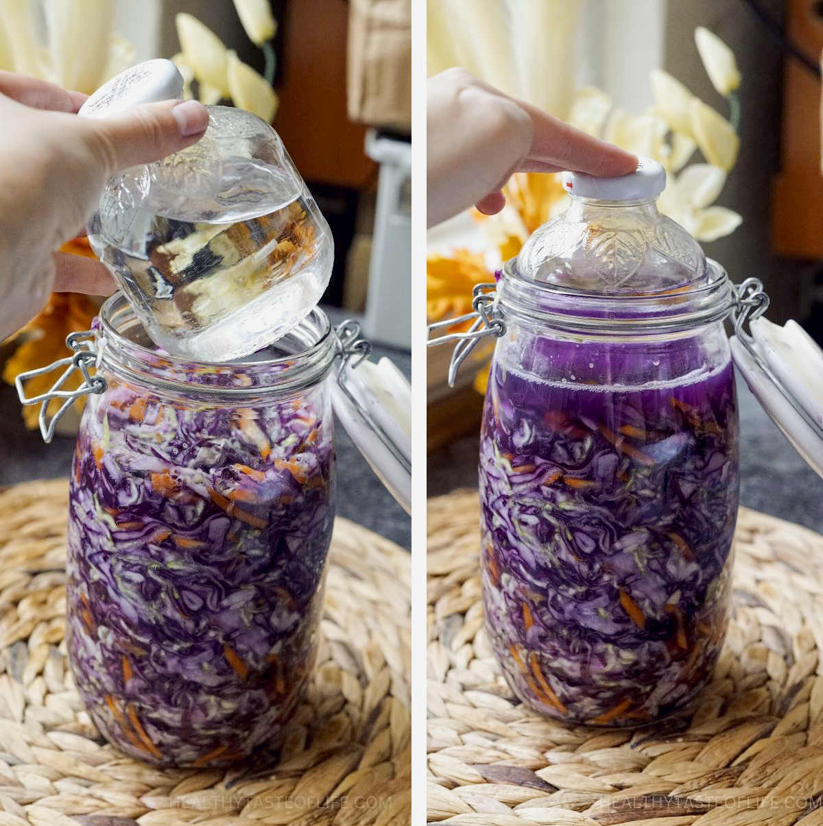 Process shots showing how to place weight on sauerkraut to release juice when storing.