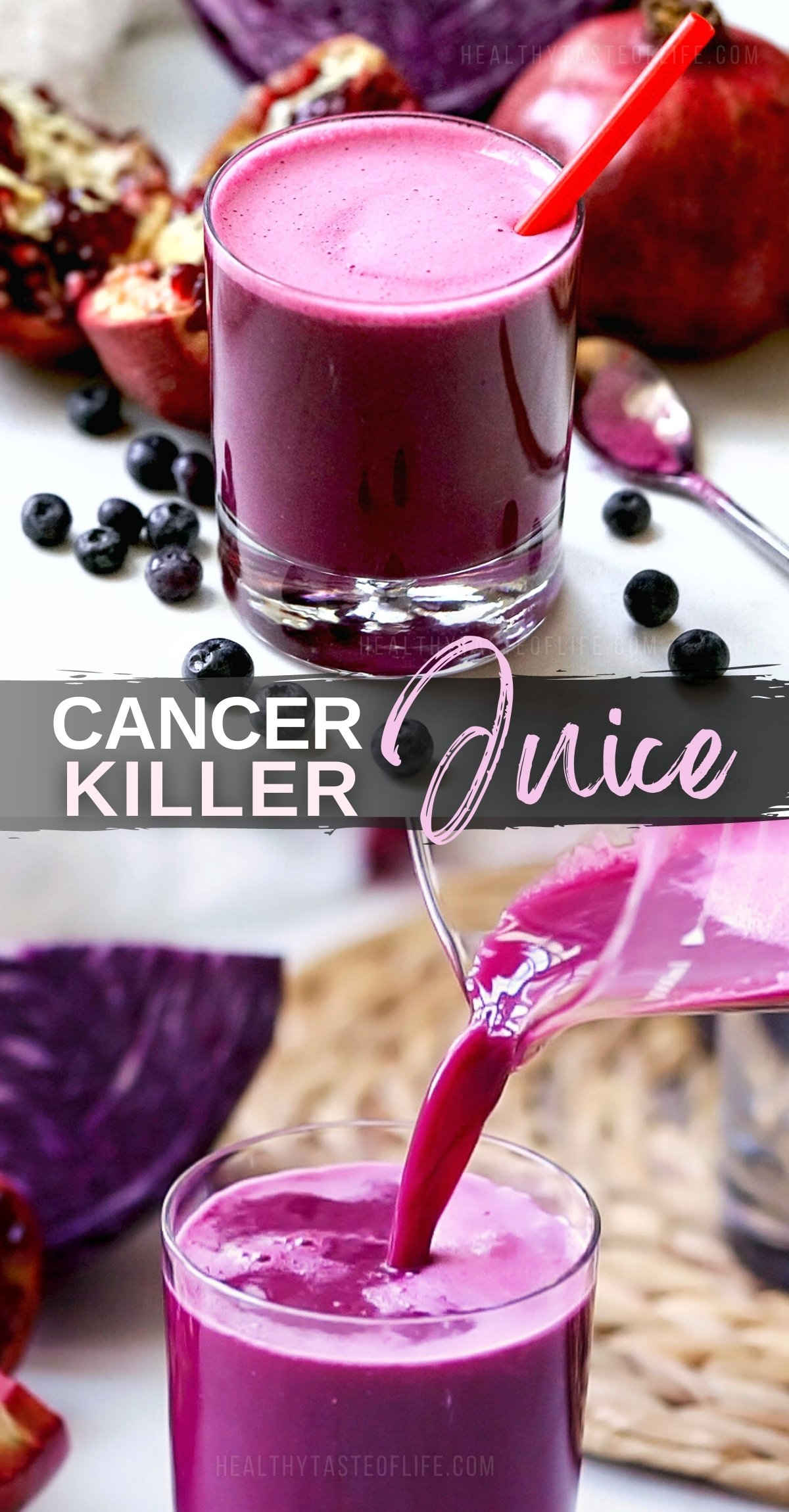A potent juice recipe for your health with anti-cancer properties. The ingredients of this cancer killer juice are extra rich in antioxidant and anti-inflammatory nutrients and vitamins. The best cancer fighting juice you can make to improve your health along other treatments. #anticancer #cancer #juice #recipe #cancerkiller #health