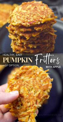 Easy healthy pumpkin fritters recipe featuring grated pumpkin and apple fragrantly spiced with a warm, sweet flavor of cinnamon. These pumpkin fritters are shallow-fried to a perfect golden-brown color and there is a gluten free option too. These pumpkin fritters is an easy quick way to enjoy pumpkin as a side dish and they taste great even the next day. #pumpkinfritters #easy #healthy #recipe #