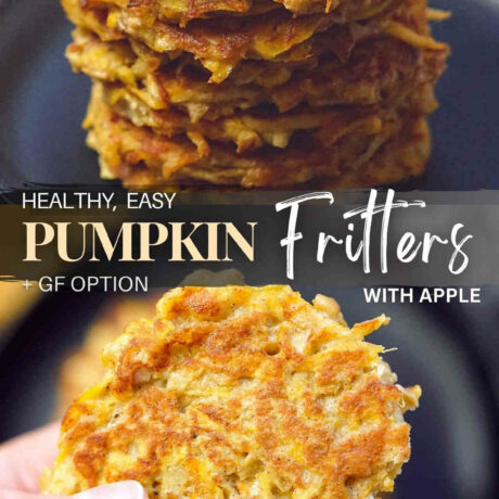 Easy healthy pumpkin fritters recipe featuring grated pumpkin and apple fragrantly spiced with a warm, sweet flavor of cinnamon. These pumpkin fritters are shallow-fried to a perfect golden-brown color and there is a gluten free option too. These pumpkin fritters is an easy quick way to enjoy pumpkin as a side dish and they taste great even the next day. #pumpkinfritters #easy #healthy #recipe #