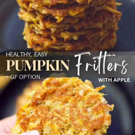 Easy healthy pumpkin fritters recipe featuring grated pumpkin and apple fragrantly spiced with a warm, sweet flavor of cinnamon. These pumpkin fritters are shallow-fried to a perfect golden-brown color and there is a gluten free option too. These pumpkin fritters is an easy quick way to enjoy pumpkin as a side dish and they taste great even the next day. #pumpkinfritters #easy #healthy #recipe #