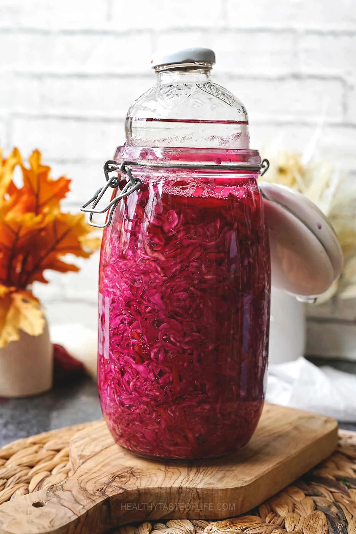 Red cabbage sauerkraut after 3 days of fermenting (releasing bubbles) - it changes the color from purple to dark red,