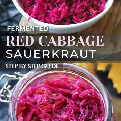 Learn how to make a tangy, crispy fermented red cabbage aka sauerkraut - easy homemade, no special equipment needed. The recipe makes about 50 oz of lacto-fermented red cabbage sauerkraut. The red sauerkraut is great enjoyed on sandwiches, as a side dish (with meat and veggie dishes) or added to salads and soups. #redcabbage #sauerkraut #recipe #easy #fermented #cabbage