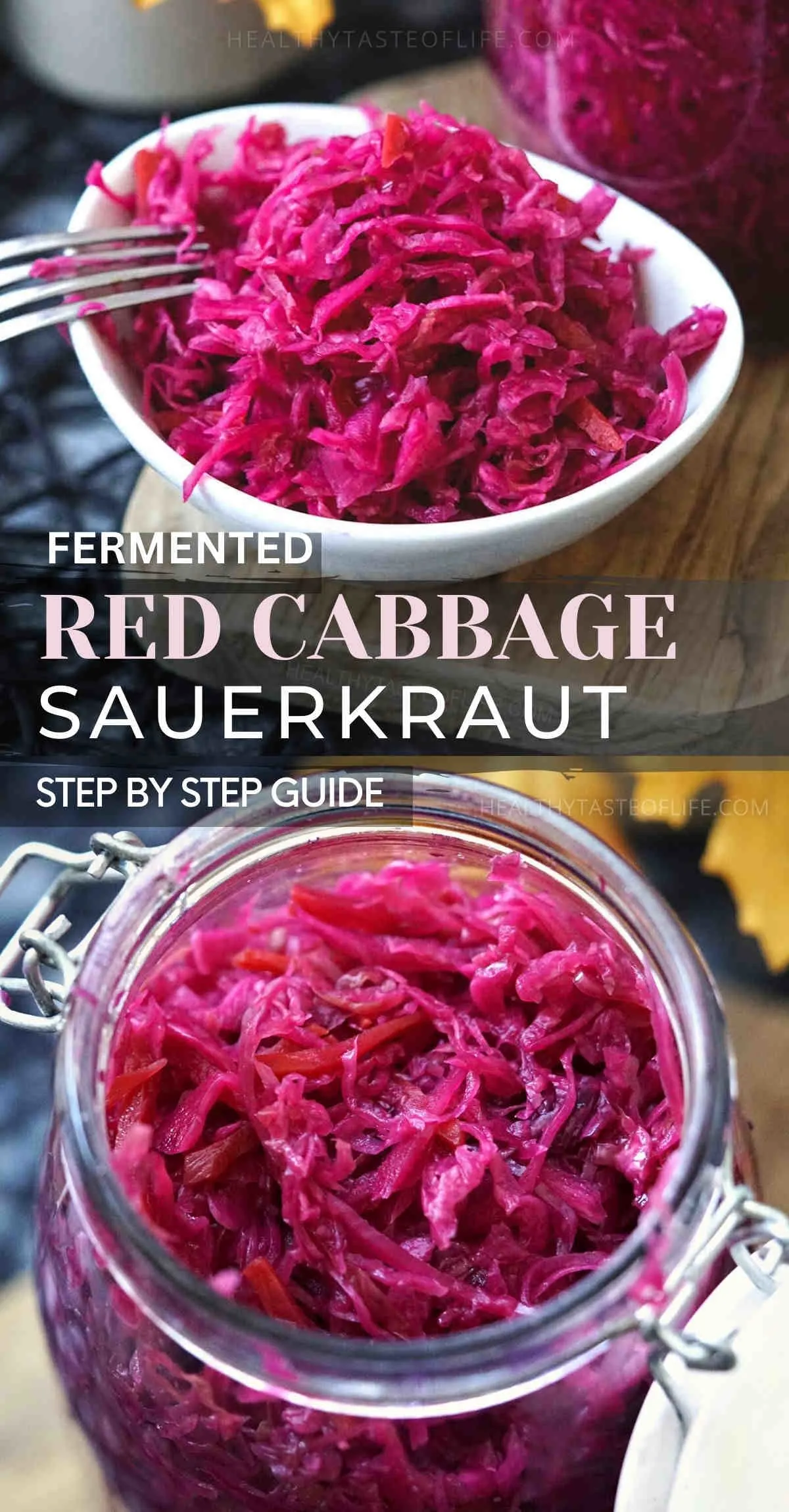 Learn how to make a tangy, crispy fermented red cabbage aka sauerkraut - easy homemade, no special equipment needed. The recipe makes about 50 oz of lacto-fermented red cabbage sauerkraut. The red sauerkraut is great enjoyed on sandwiches, as a side dish (with meat and veggie dishes) or added to salads and soups. #redcabbage #sauerkraut #recipe #easy #fermented #cabbage