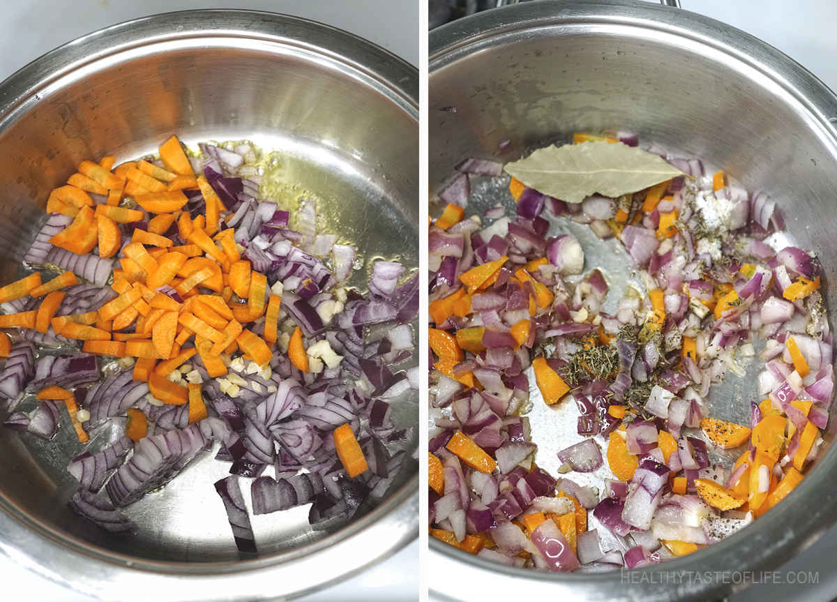 Process shots showing how to saute onion garlic and carrot with herbs.