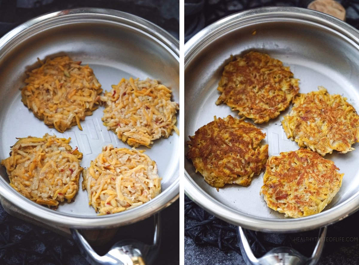 Cooking the pumpkin fritters in a pan.