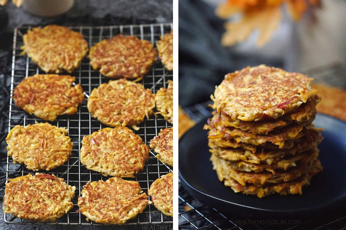 Pumpkin fritters cooling on a rack and then stacked.