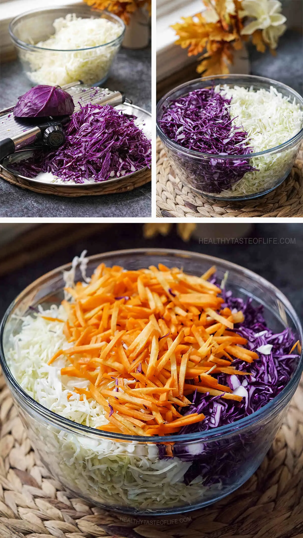Ingredients for red cabbage kraut: shredded red cabbage, shredded green/white cabbage and carrots julienned all gathered in a bowl.