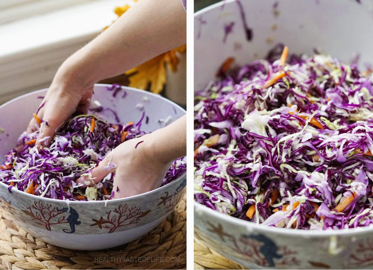 Process shots showing how to mix and massage the cabbage when making fermented red cabbage sauerkraut.