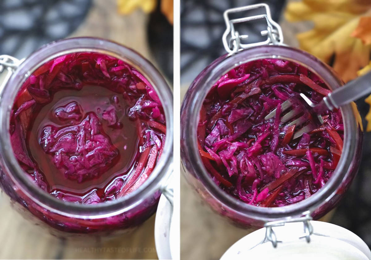 Red cabbage sauerkraut lacto fermented in a jar.