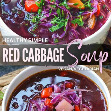 This healthy red cabbage soup recipe offers a sweet and sour taste, perfect for those looking for a vegan or vegetarian option. It’s packed with nutrients and texture from sweet veggies and red cabbage sauerkraut. This red cabbage soup is easy, simple, cheap and delicious - perfect for cold days. #redcabbage #soup #cabbagesoup #healthysoup #vegansoup #sauerkraut #veggie