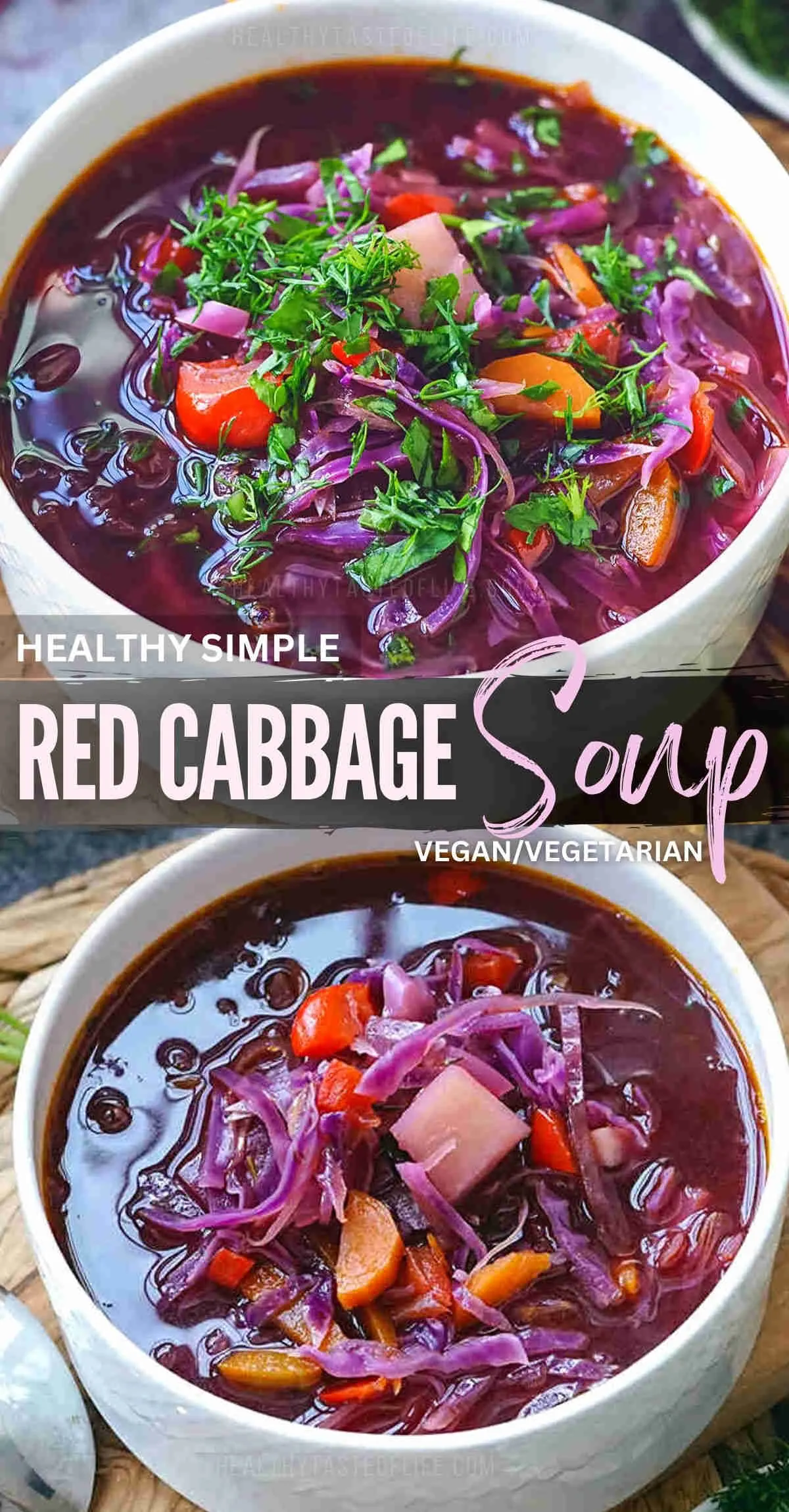 This healthy red cabbage soup recipe offers a sweet and sour taste, perfect for those looking for a vegan or vegetarian option. It’s packed with nutrients and texture from sweet veggies and red cabbage sauerkraut. This red cabbage soup is easy, simple, cheap and delicious - perfect for cold days. #redcabbage #soup #cabbagesoup #healthysoup #vegansoup #sauerkraut #veggie