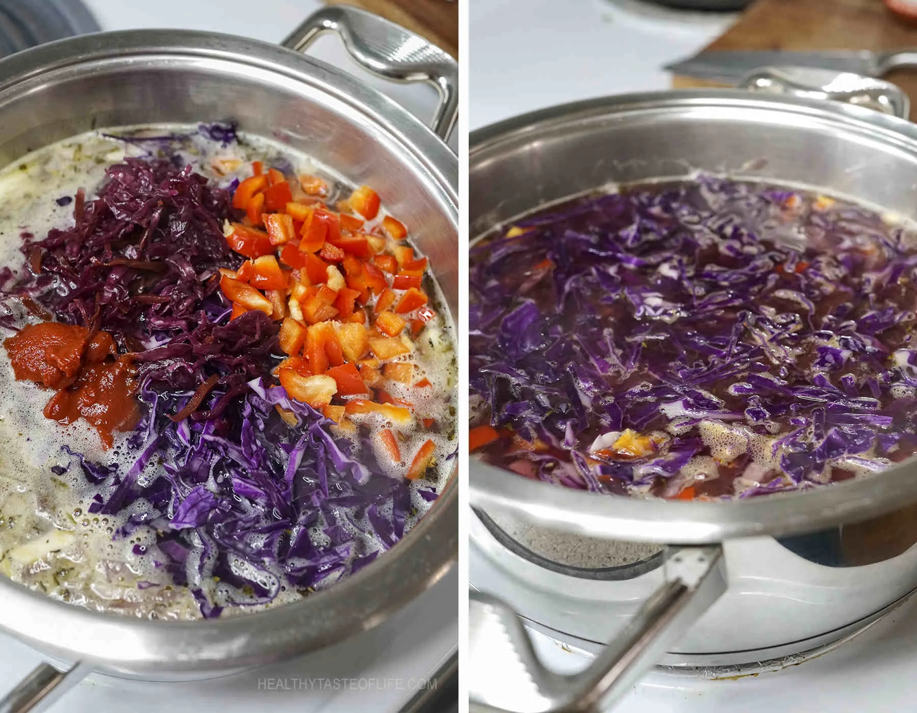 Process shots showing how to add the red cabbage, bell pepper red sauerkraut and tomato paste and cook it.
