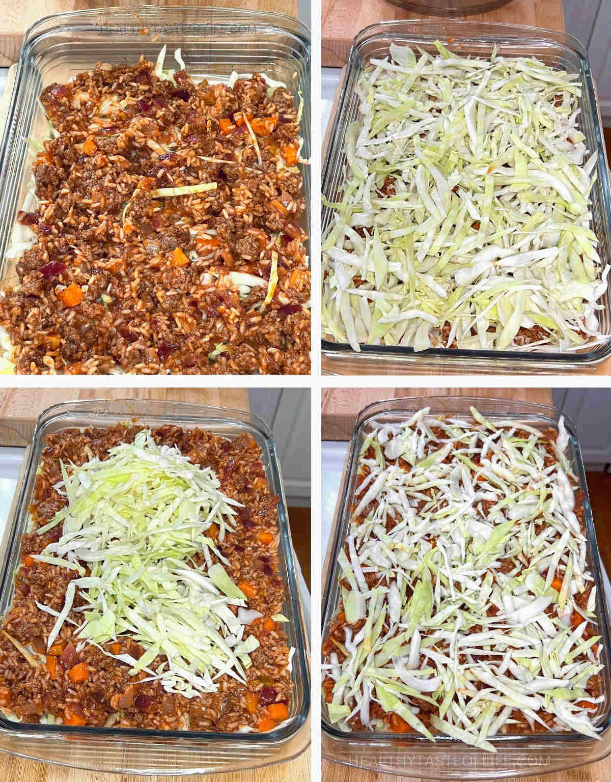 Process shots showing how to assmeble the unstuffed lazy cabbage roll casserole and how to layer the cabbage, beef, rice and tomato sauce in the baking dish.