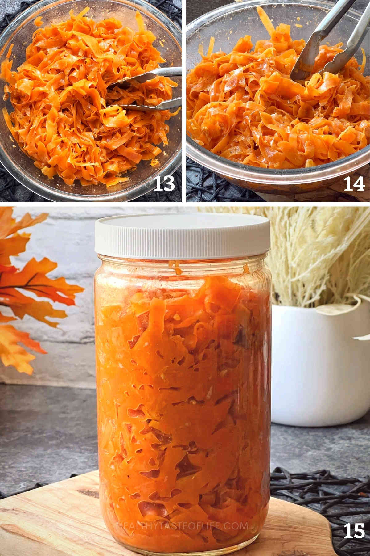 Mixing the shaved carrot salad and storing in a jar.