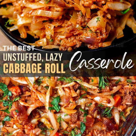 This easy lazy cabbage roll casserole features layers of shredded cabbage, seasoned ground beef, rice in a casserole dish, simply mixed with classic cabbage roll seasonings, tomato sauce, and baked until everything is soft and juicy. The unstuffed lazy man cabbage roll casserole recipe comes together quickly and stores well for days! #cabbageroll #casserole #lazy #unstuffed #cabbagecasserole #easy #lazyman