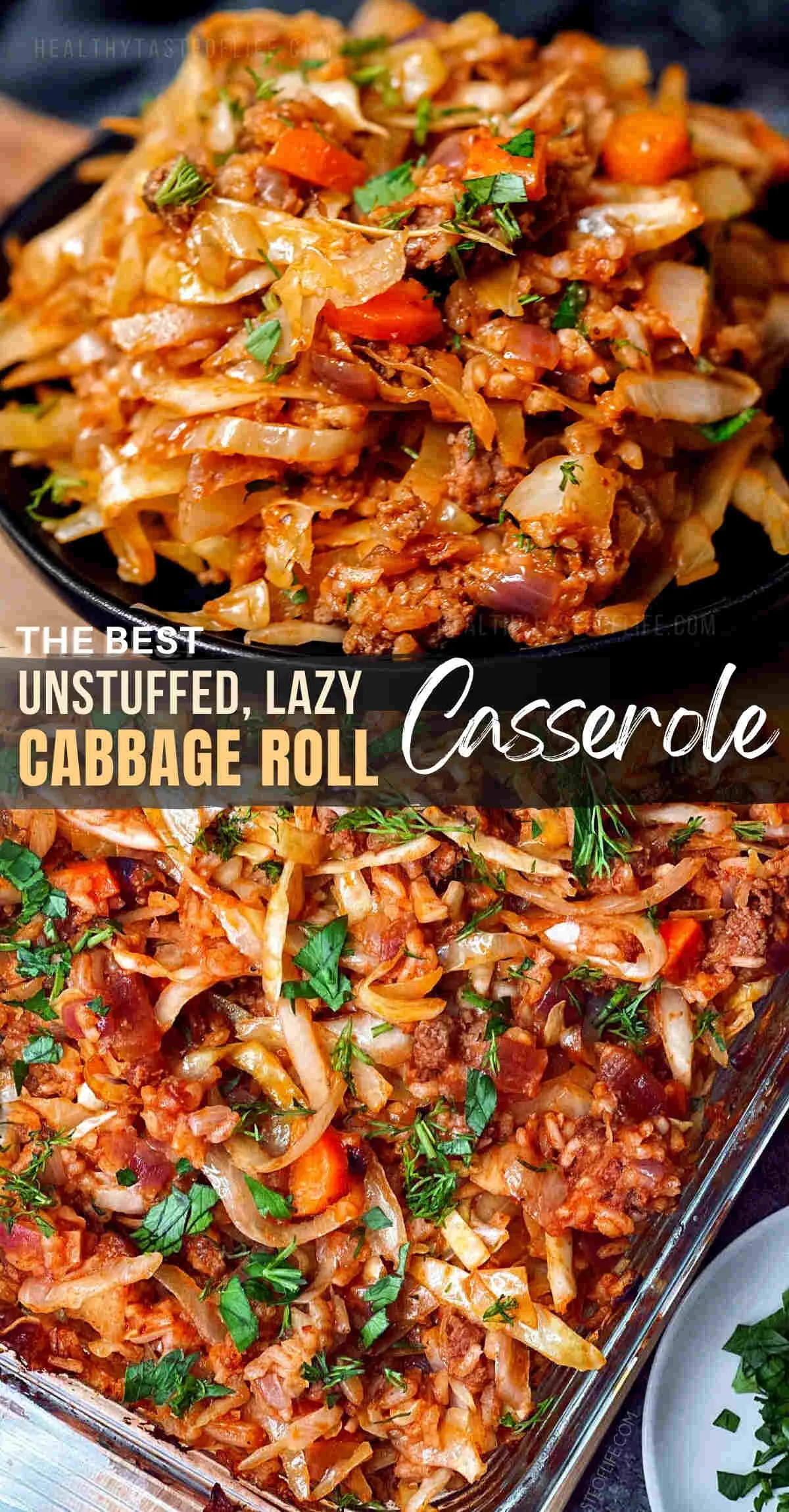 This easy lazy cabbage roll casserole features layers of shredded cabbage, seasoned ground beef, rice in a casserole dish, simply mixed with classic cabbage roll seasonings, tomato sauce, and baked until everything is soft and juicy. The unstuffed lazy man cabbage roll casserole recipe comes together quickly and stores well for days! #cabbageroll #casserole #lazy #unstuffed #cabbagecasserole #easy #lazyman
