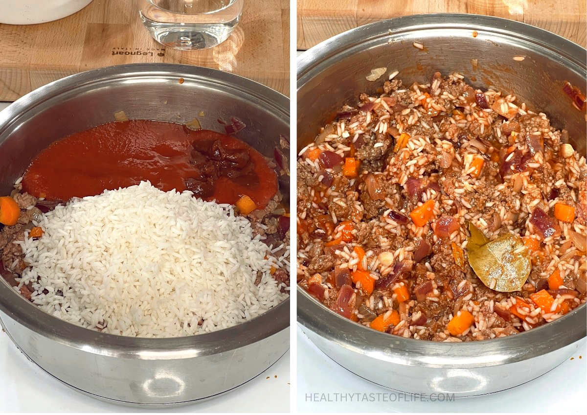Process pictures showing the next step of combining the beef mixture with cooked rice and tomato sauce in a skillet.