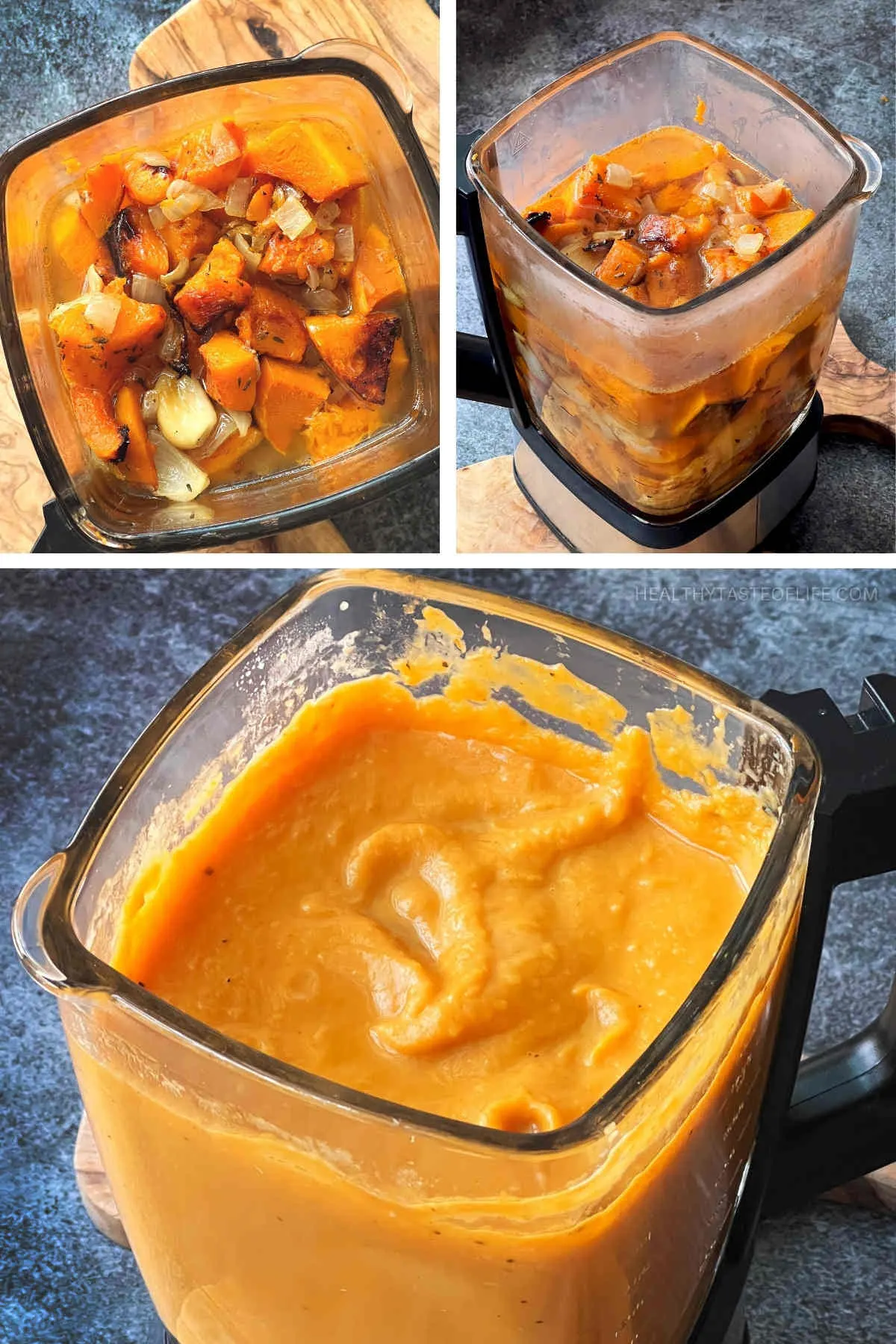 Process shots showing how to blend the buuternut squash carrot and celery root until getting a creamy soup like consistency.