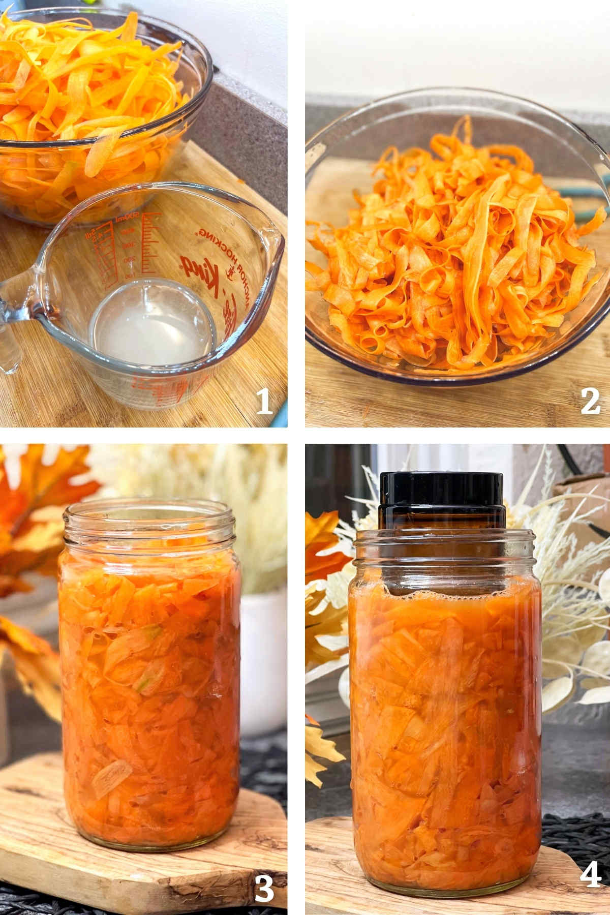 Process shots showing how to ferment shaved carrots with salt in a jar.