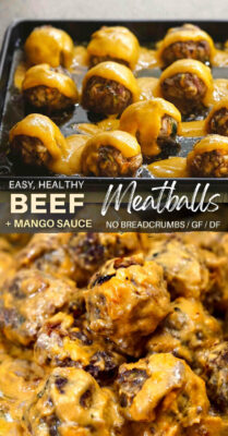 Light and healthy beef meatballs recipe made without breadcrumbs and without tomato sauce. These easy baked beef meatballs are made using only simple, wholesome ingredients like ground beef and mixed veggies, easily baked in the oven (or fried) until they’re tender and juicy, then served up with a delicious sweet and tangy mango sauce. The recipe it’s gluten free and dairy free friendly. #beefmeatballs #recipe #easy #healthy #meatballs #baked #glutenfree #dairyfree
