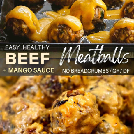 Light and healthy beef meatballs recipe made without breadcrumbs and without tomato sauce. These easy baked beef meatballs are made using only simple, wholesome ingredients like ground beef and mixed veggies, easily baked in the oven (or fried) until they’re tender and juicy, then served up with a delicious sweet and tangy mango sauce. The recipe it’s gluten free and dairy free friendly. #beefmeatballs #recipe #easy #healthy #meatballs #baked #glutenfree #dairyfree