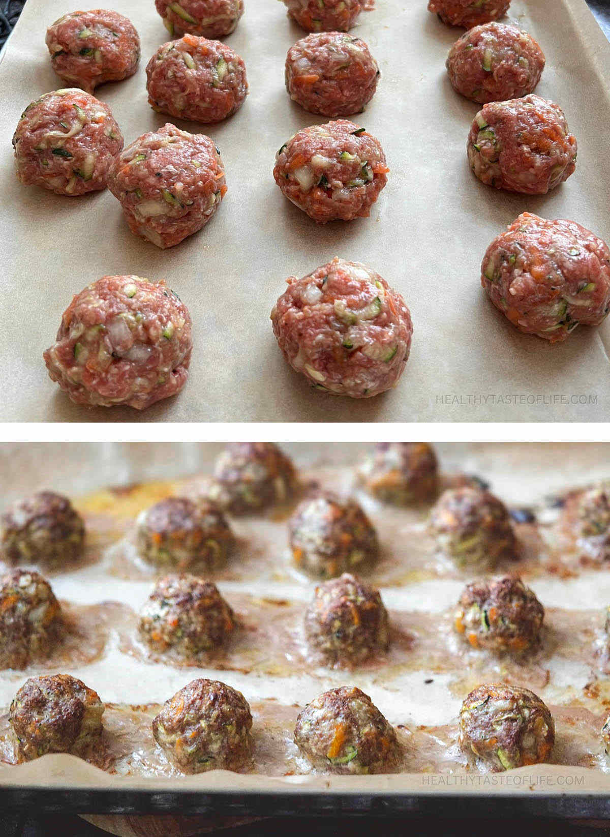 Process shots showing raw rolled beef meatballs vs baked beef meatballs.