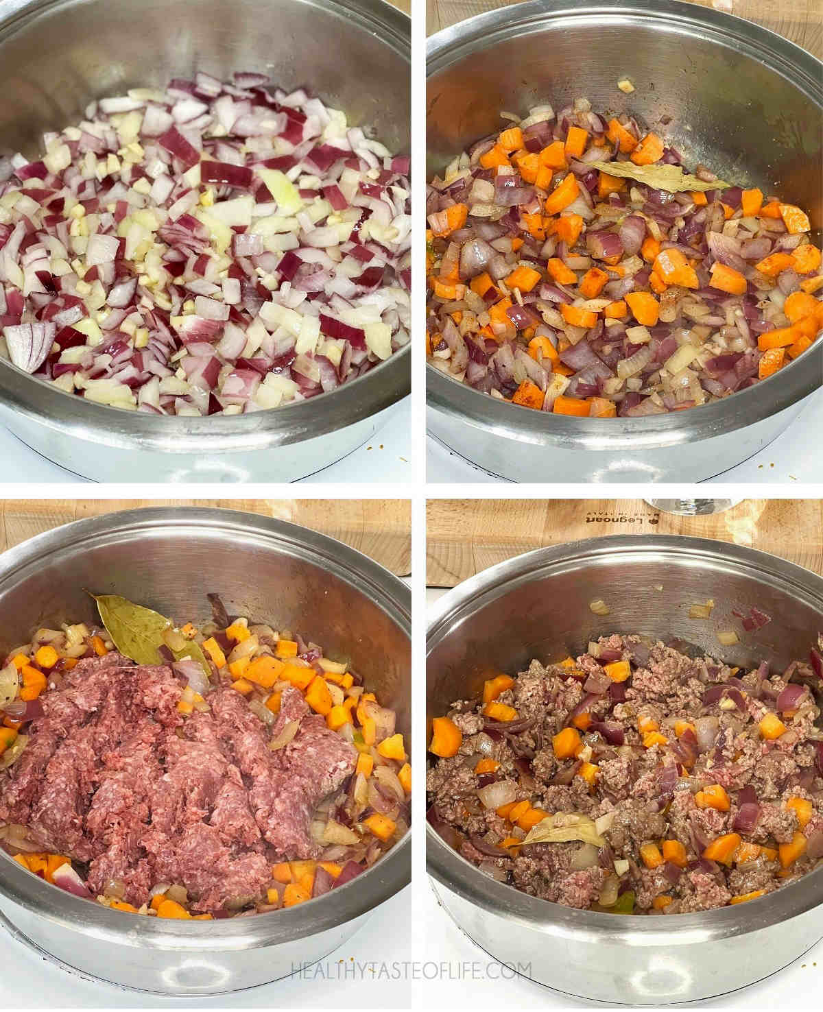 Process shots showing how to make  lazy cabbage roll casserole, first step being cooking the ground beef with onion, garlic and carrot.