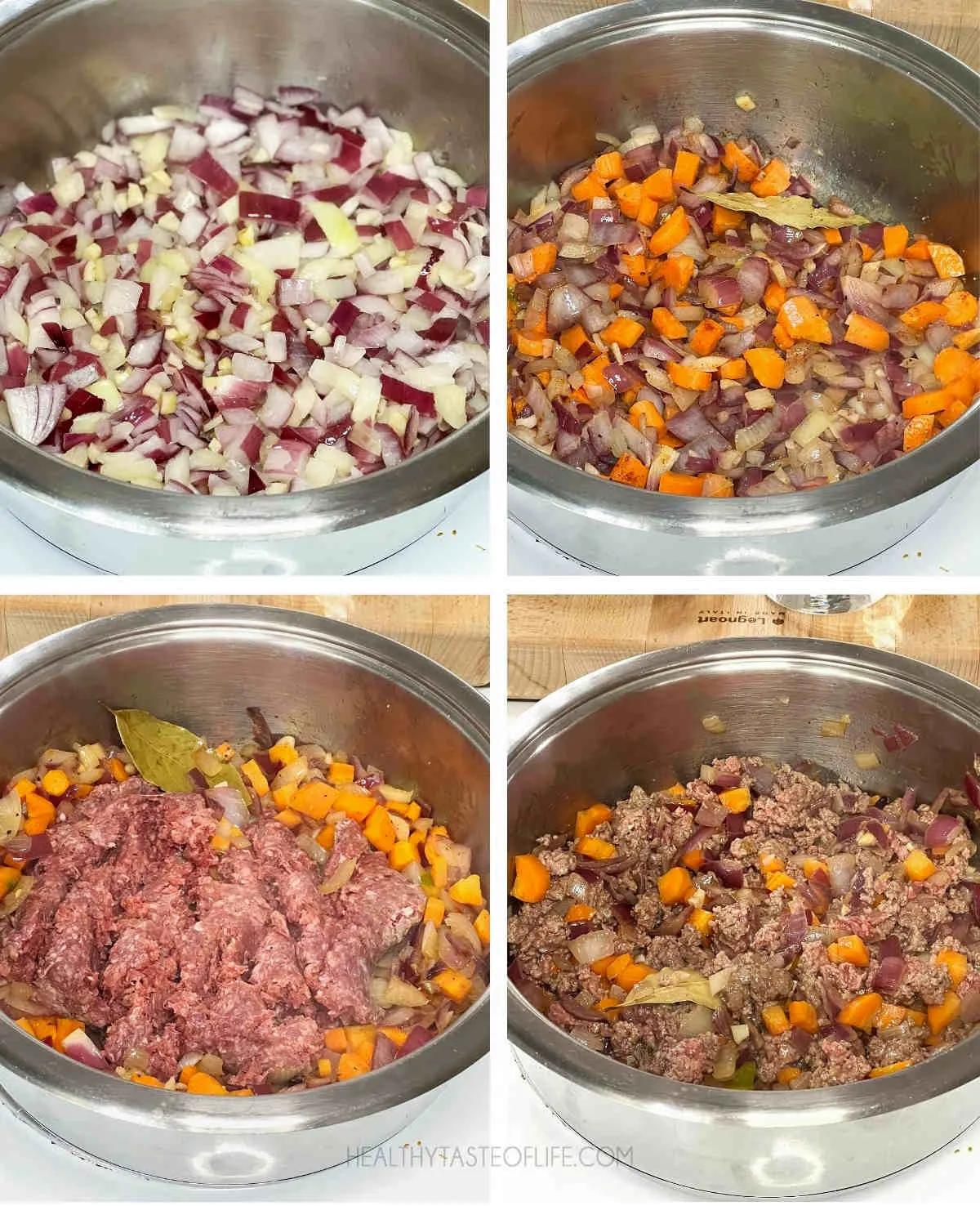 Process pictures showing how to make  lazy cabbage roll casserole: first cooking the veggies until slighlty golden or translucent then adding the ground beef.