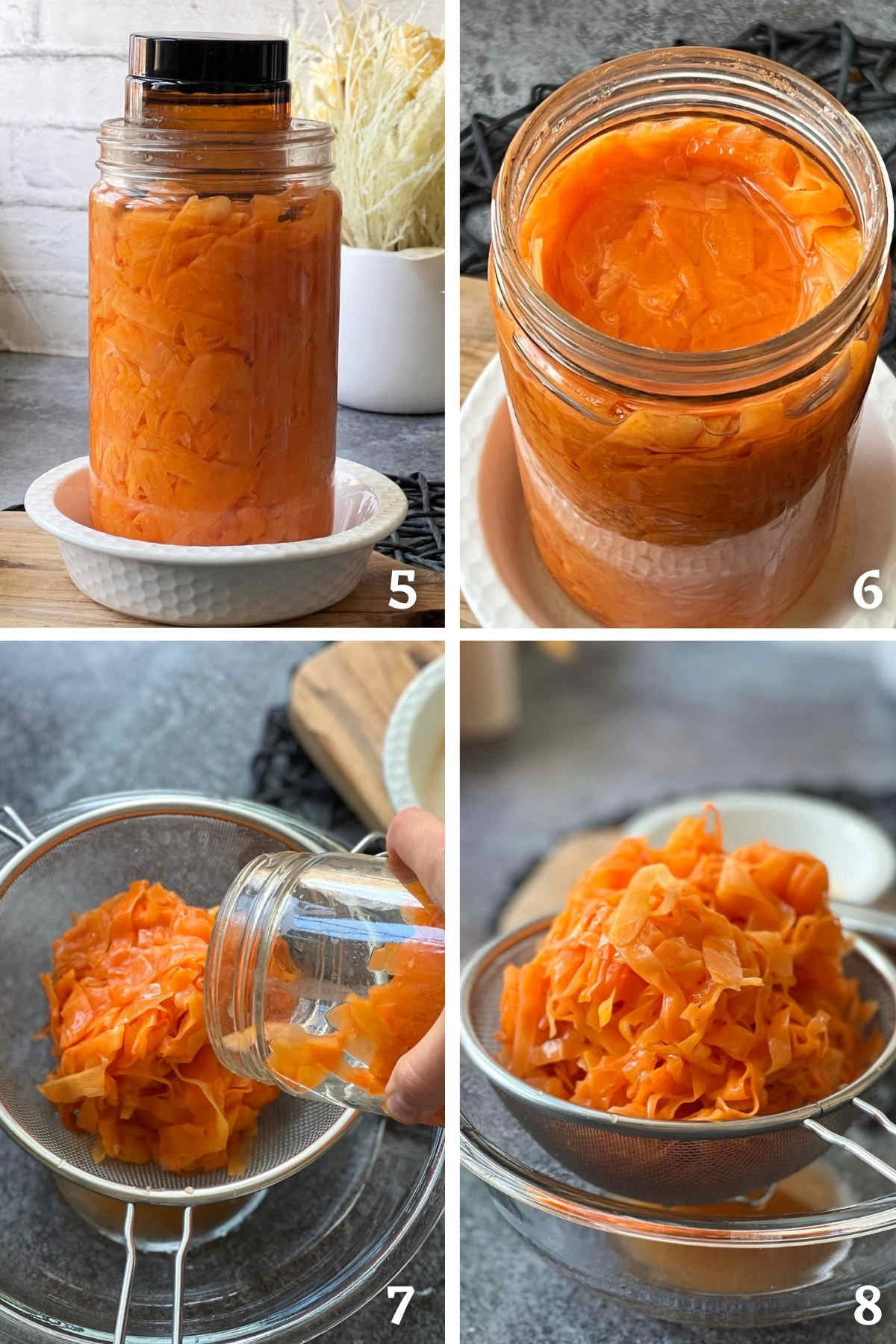 Process shots showing how to prepare the fermented carrots for assembling the salad, by removing the brine.
