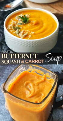 This savory roasted butternut squash and carrot soup recipe is so easy to make and is a great warm creamy soup for the colder months. This healthy roasted butternut squash carrot soup can be made with or without stock and can be served as a starter or a main dish.The butternut squash soup is naturally gluten free, dairy free and vegan friendly. #roasted #butternutsquash #carrot #soup #easy #creamy #healthy #vegan #recipe