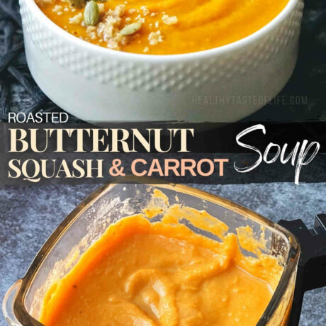 This savory roasted butternut squash and carrot soup recipe is so easy to make and is a great warm creamy soup for the colder months. This healthy roasted butternut squash carrot soup can be made with or without stock and can be served as a starter or a main dish.The butternut squash soup is naturally gluten free, dairy free and vegan friendly. #roasted #butternutsquash #carrot #soup #easy #creamy #healthy #vegan #recipe