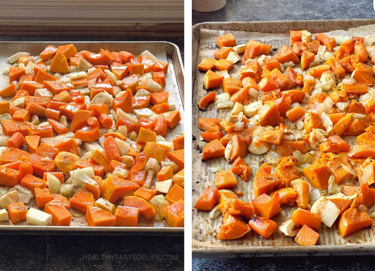 Process shots showing prepared peeled, cut butternut squash, carrot, celery root and onion drizzled with oil and sprinkled with seasonings. Roasted butternut squash and carrot (on the right).