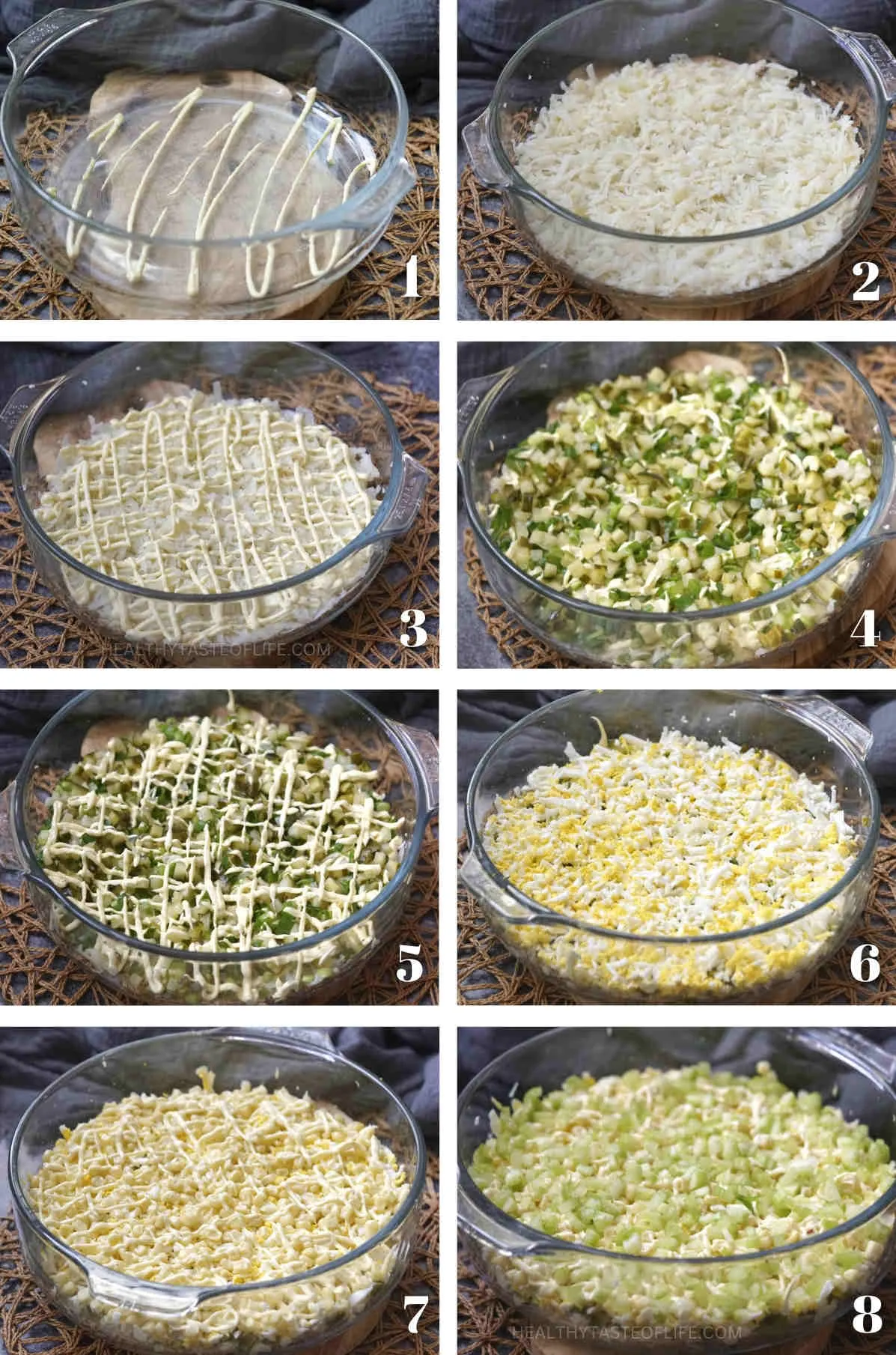 Process shots showing how to make this potato and egg salad recipe step by step, how to assemble and layer up.