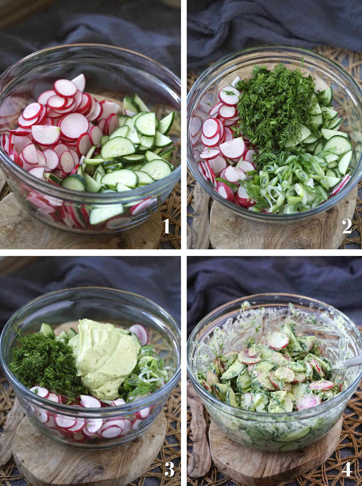 Step by step process images showing how to make a radish cucumber salad from scratch with homemade creamy dressing with a healthy twist.