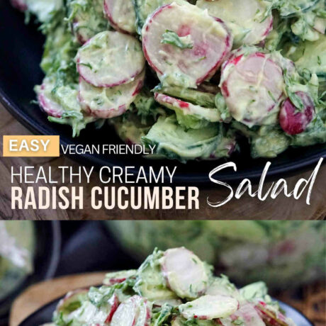 This healthy radish cucumber salad is loaded with crunchy red radishes and crispy cucumbers and finished with a fresh creamy salad dressing with dill and tangy notes. Serve this simple healthful salad with cucumber and radish chilled as a refreshing veggie side dish during spring or summer. #radish #cucumber #salad #dill #summer #spring #radishcucumbersalad