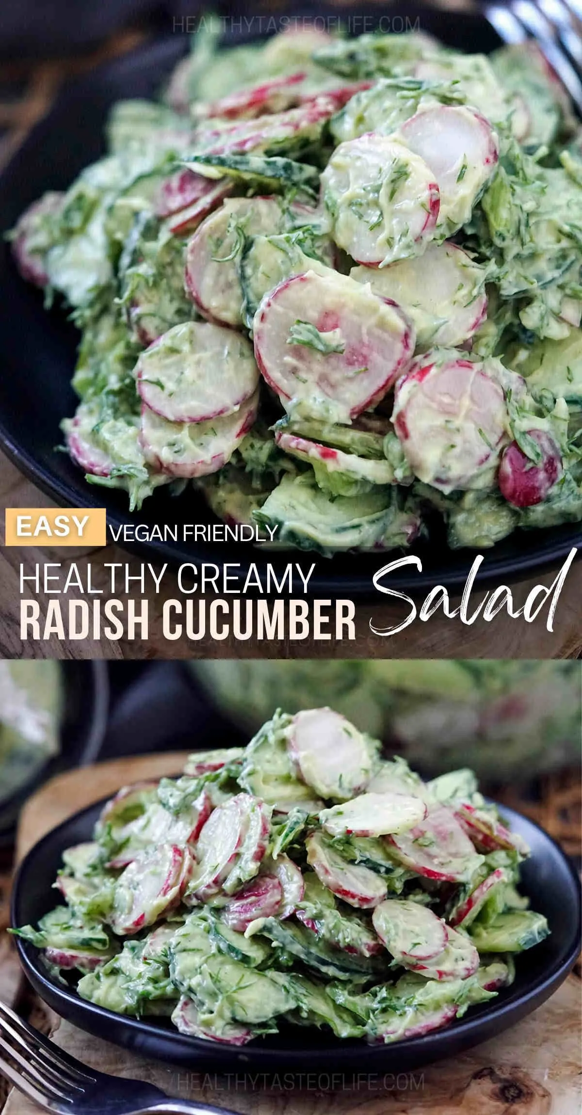 This healthy radish cucumber salad is loaded with crunchy red radishes and crispy cucumbers and finished with a fresh creamy salad dressing with dill and tangy notes. Serve this simple healthful salad with cucumber and radish chilled as a refreshing veggie side dish during spring or summer. #radish #cucumber #salad #dill #summer #spring #radishcucumbersalad