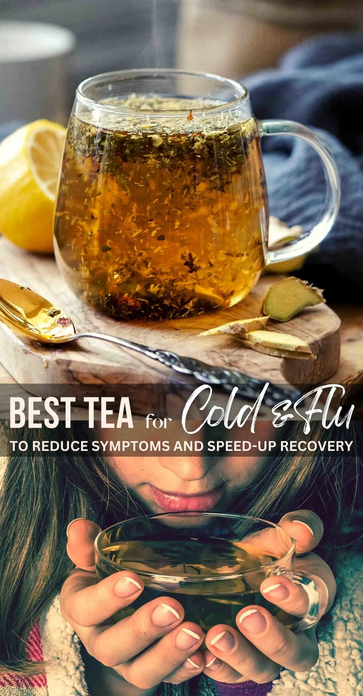 A homemade tea for cold and flu made with a mix of herbs that will help you get through your symptoms easier. This natural remedy for cold / flu, is the best way to hydrate while easing congestion, aches, and cough. The special blend of herbs in this tea recipe is intended to help reduce inflammation, boost immunity, and soothe sore throats. Prepare the best tea for colds and flu in advance by pre-mixing all ingredients in a jar. #teaforcold #herbaltea #cold #flu #coldremedies #best #homemade 