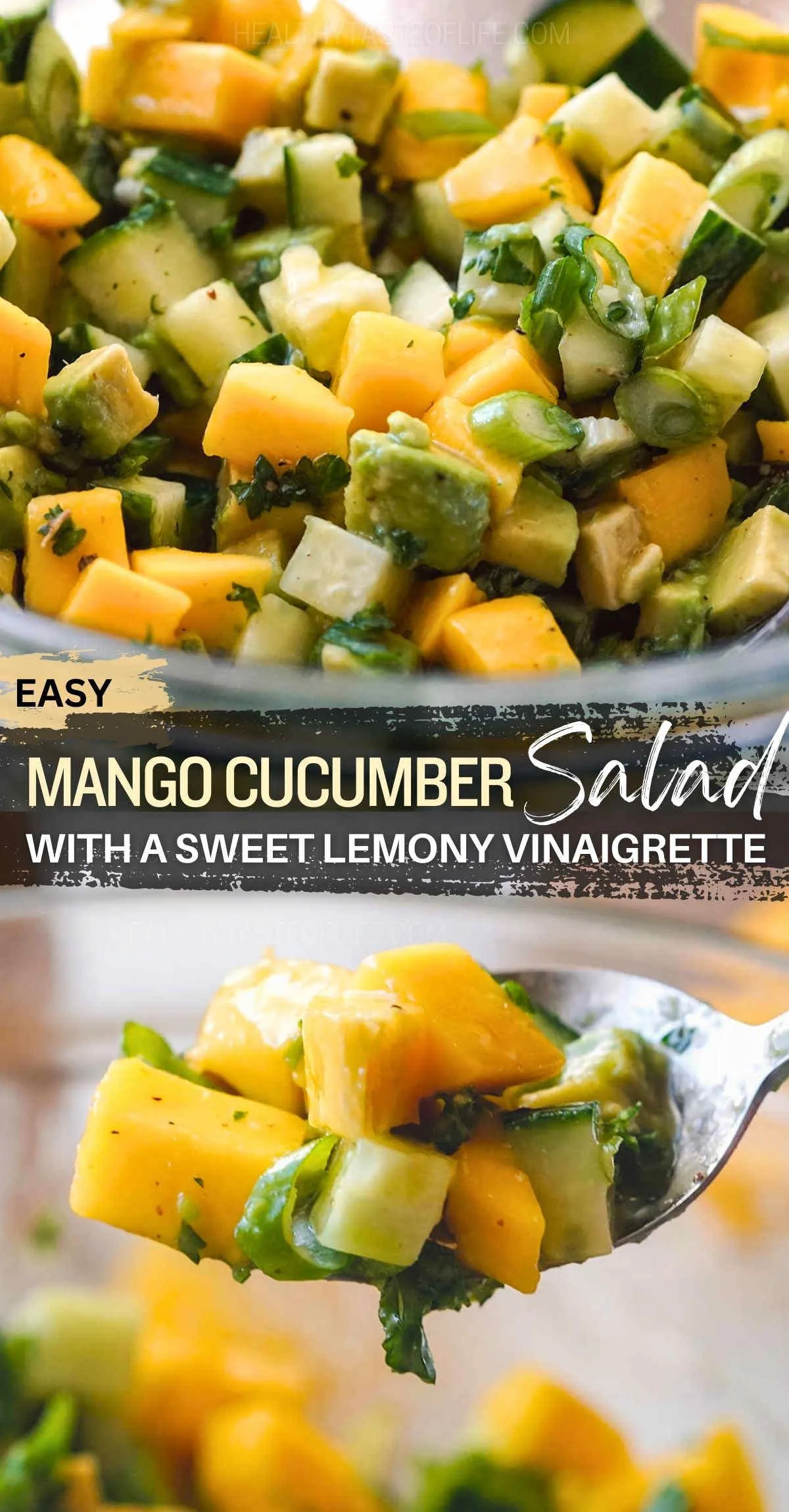 This mango cucumber avocado salad is the perfect summer side dish. Fresh cucumbers and mangoes are cubed and combined with a creamy avocado for refreshing flavors. The dressing: zingy lemon honey vinaigrette enhances and balances the salad’s acidity and sweetness. Quick & easy to prepare, this salad cucumber mango salad can be enjoyed as a light snack or side dish for lunch/ dinner. The best and easy mango cucumber avocado salad recipe. #mango #cucumber #salad #avocado #summersalad  #mangosalad