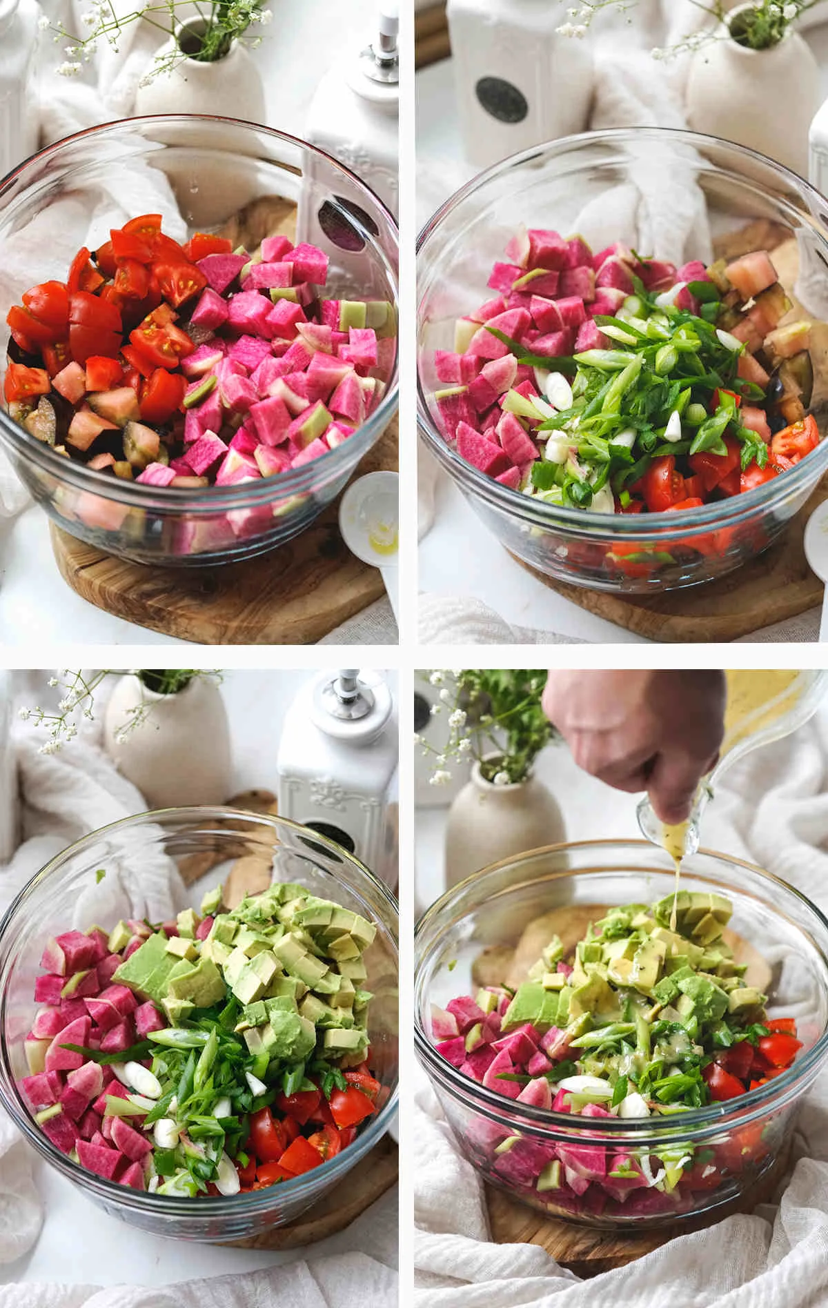 Instruction steps to make the watermelon radish salad in a bowl.