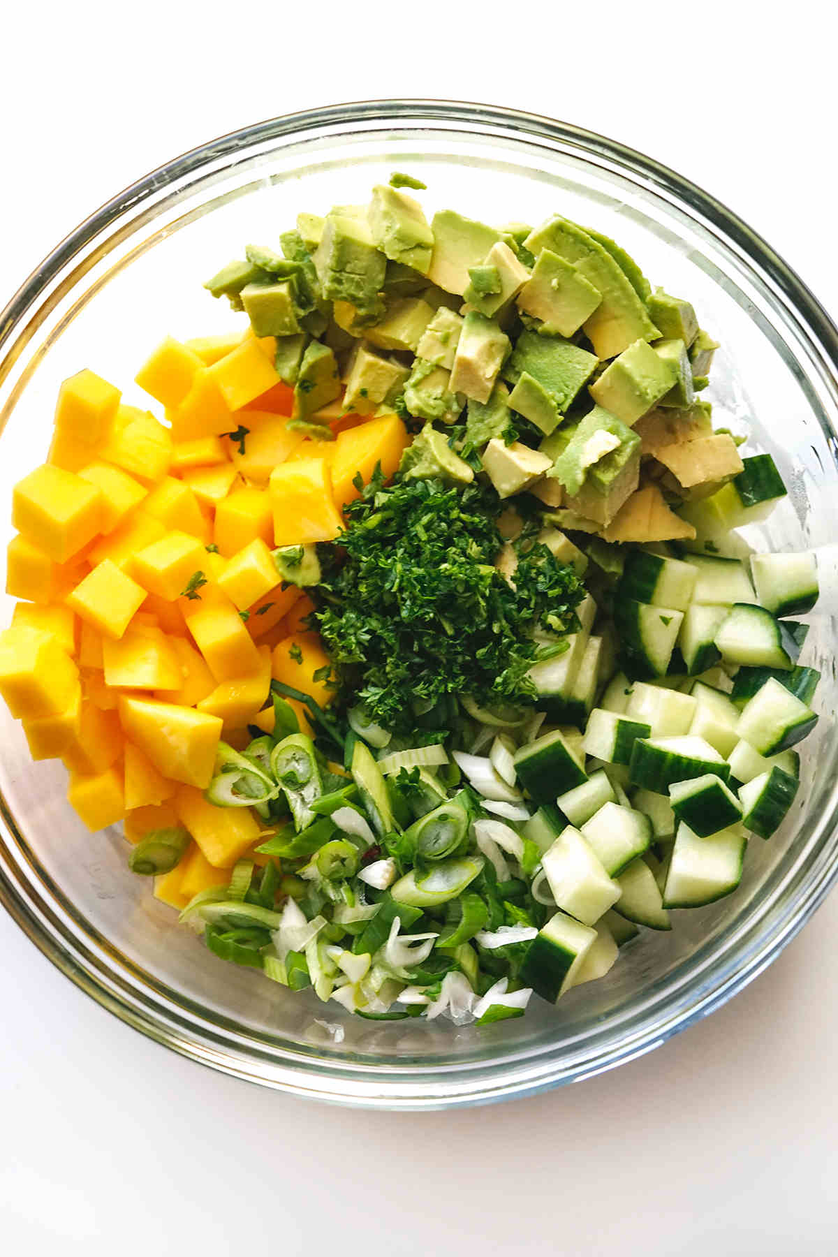 Process shots showing Step 2: cube mango, cucumber and avocado, chop the scallions and parsley and add everything to a bowl.