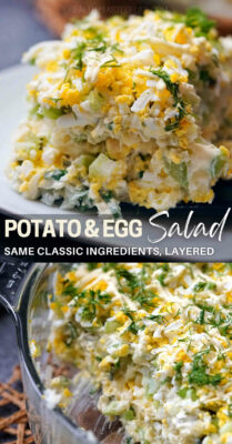 Potato and egg salad recipe with a creamy mayonnaise-based dressing. This simple potato & egg salad is made with potatoes, hard-boiled eggs, dill pickles, celery, green onions, homemade mayonnaise - assembled in layers and finished with chopped dill. The recipe has the ingredients of a classic potato salad with egg - a perfect side dish for any special occasion (great for Christmas or Easter). Serve chilled. #potatosalad #eggsalad #potatoeggsalad #recipe #easter #sidedish