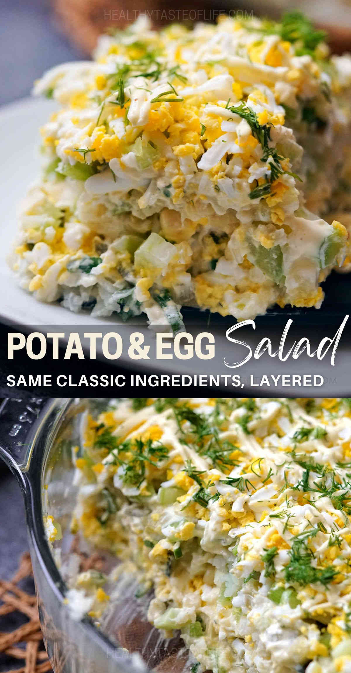 Potato and egg salad recipe with a creamy mayonnaise-based dressing. This simple potato & egg salad is made with potatoes, hard-boiled eggs, dill pickles, celery, green onions, homemade mayonnaise - assembled in layers and finished with chopped dill. The recipe has the ingredients of a classic potato salad with egg - a perfect side dish for any special occasion (great for Christmas or Easter). Serve chilled. #potatosalad #eggsalad #potatoeggsalad #recipe #easter #sidedish