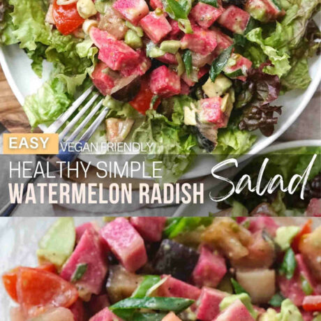 A fresh and colorful side dish to welcome spring: watermelon radish salad with juicy tomatoes, creamy avocado, and refreshing watermelon radishes - a burst of vibrant flavors and colors. And don't forget the zesty lemon honey vinaigrette that brings everything together in a sweet and tangy goodness. This watermelon radish salad recipe is perfect for a light lunch or as a nutritious addition to any meal. #watermelonradish #salad #recipe #spring #summer #healthy #radishsalad