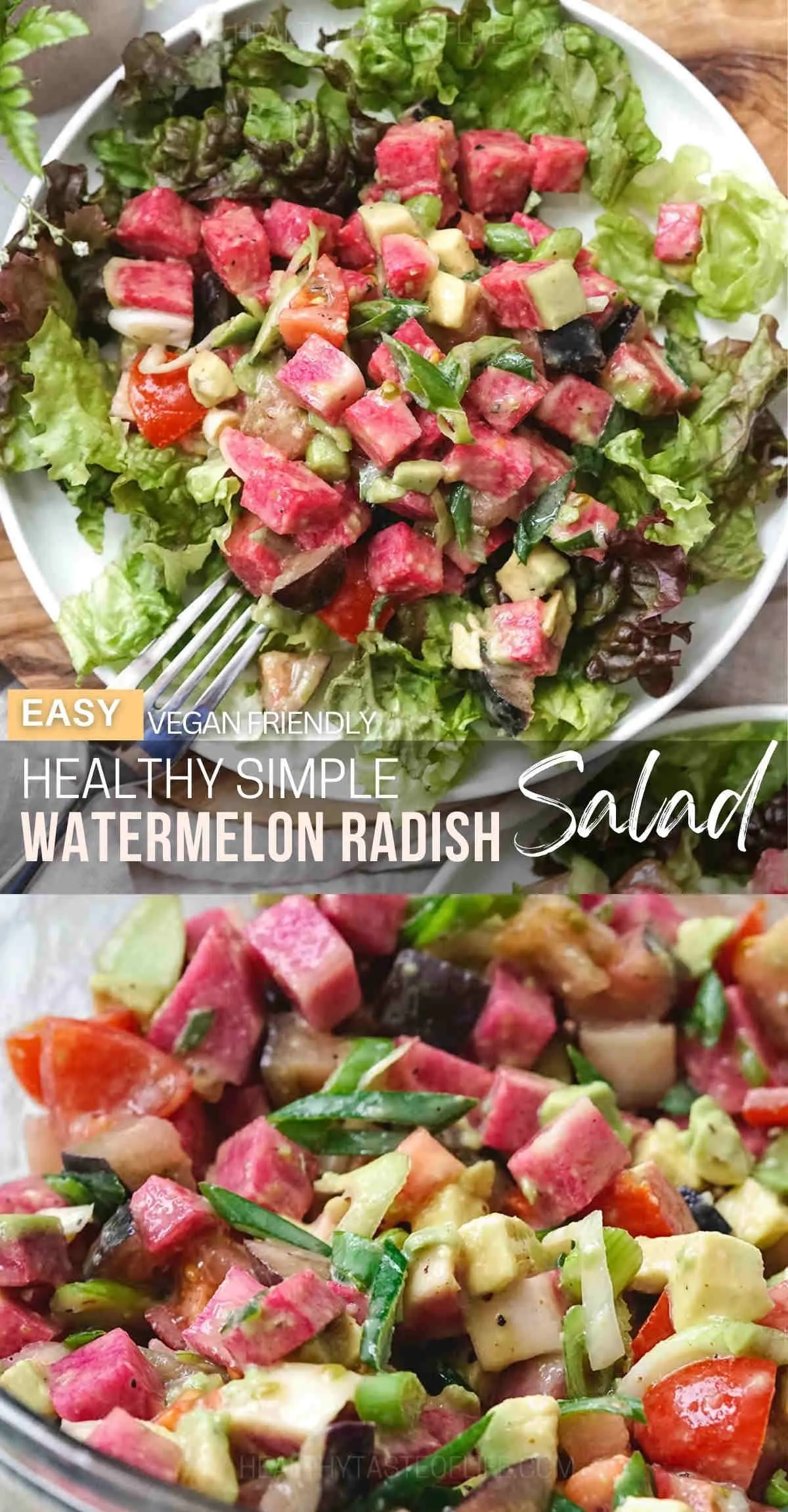 A fresh and colorful side dish to welcome spring:  watermelon radish salad with juicy tomatoes, creamy avocado, and refreshing watermelon radishes - a burst of vibrant flavors and colors. And don't forget the zesty lemon honey vinaigrette that brings everything together in a sweet and tangy goodness. This watermelon radish salad recipe is perfect for a light lunch or as a nutritious addition to any meal. #watermelonradish #salad #recipe #spring #summer #healthy #radishsalad