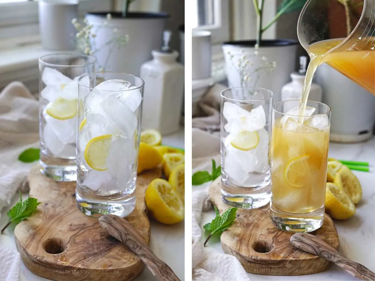 Process shots showing how to serve the green tea lemonade - in tall glasses over ice.
