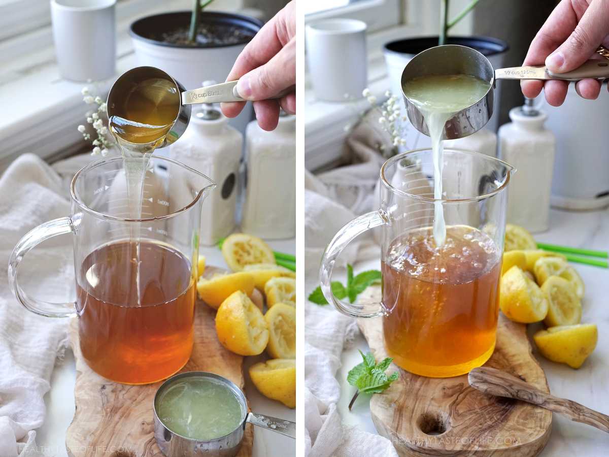 Step by step process shots showing how to make a green tea lemonade at home.