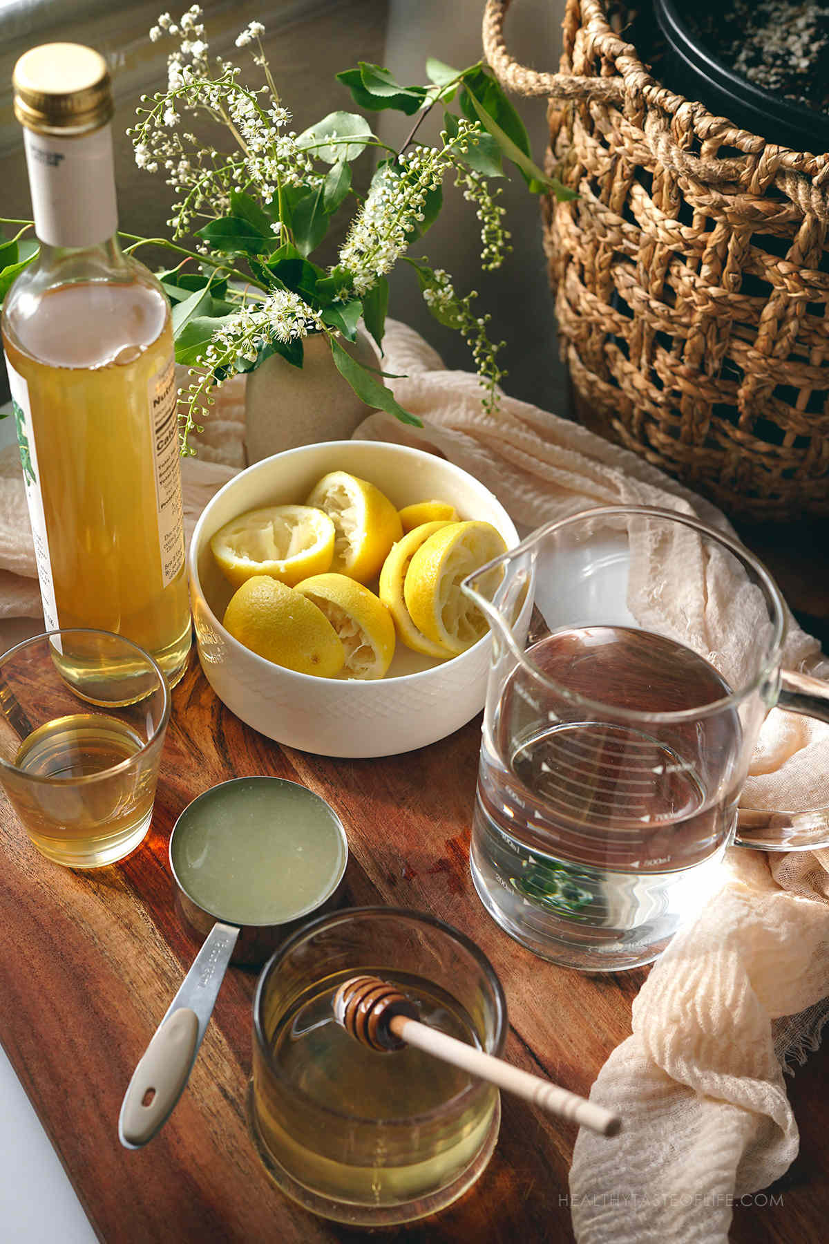 Photo showing the measured ingredients needed for making an elderflower lemonade.
