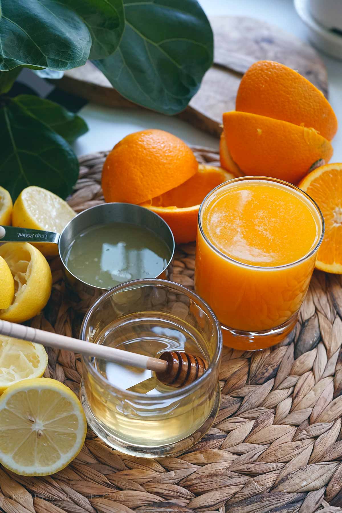 Photo showing the Main Ingredients (measured) for Making And Orange Lemonade / Orangeade.